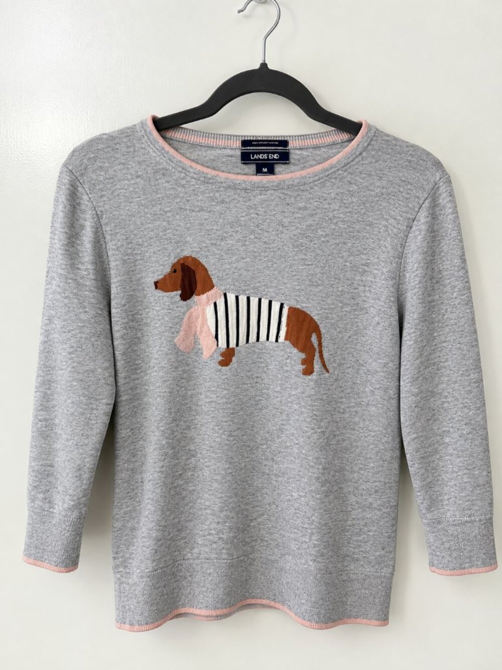 Lands’ End Dachshund Dog Appliqué Gray Sweatshirt Pink Trim Women’s M